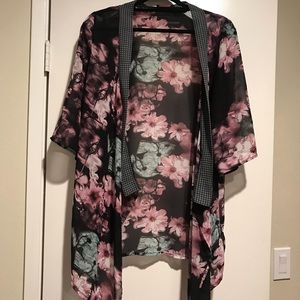Black kimono with pink and mint green florals